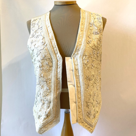 VINTAGE LIZ CLAIRBORN Beaded Embroidered Silk Vest Ivory Petite - Picture 4 of 14